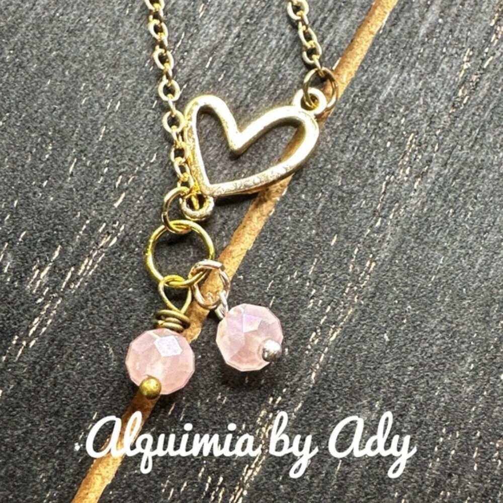 DOUBLE HEART + PINK QUARTZ  GOLD NECKLACE